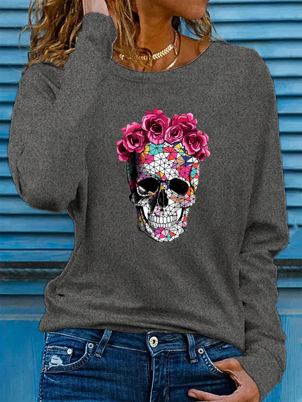 100% pure cotton women's spring and autumn loose casual skull and rose graphic printed long sleeved round neck T-shirt