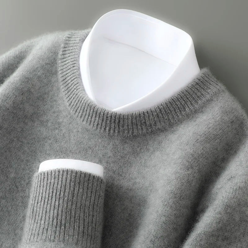 100% Australian Wool Knitted Men's O-Neck Sweater, Casual Business, Spring and Autumn Men's Long-Sleeved Pullover New Sweater