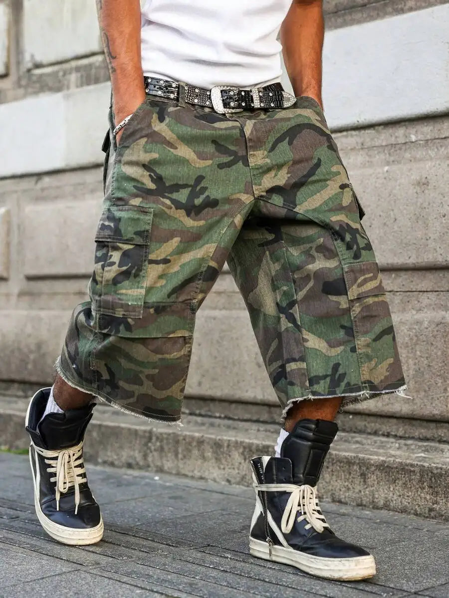 PAVTROS Manfinity Streetrush Men's Casual Cargo Pockets Camouflage Frayed Hem Loose Denim Shorts Jorts Going Out Hang Out Party