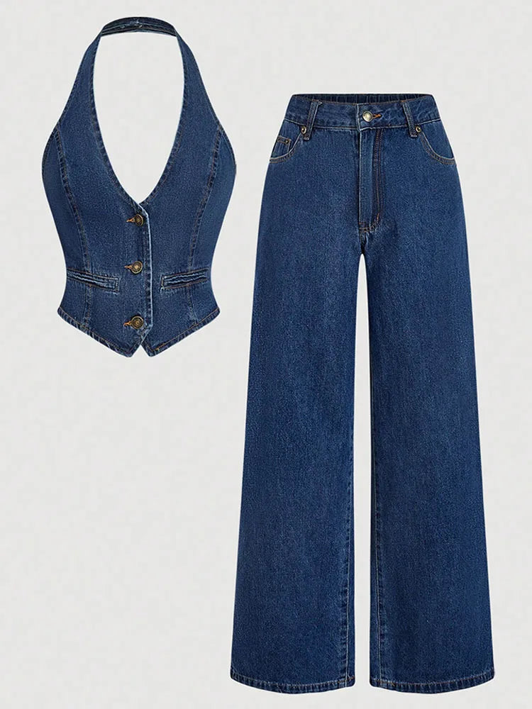 Retro Denim Pants Sets for Women Fashion Sleeveless Single Breasted Halter Tops High Waist Loose Jeans Simple Trend Casual Suits