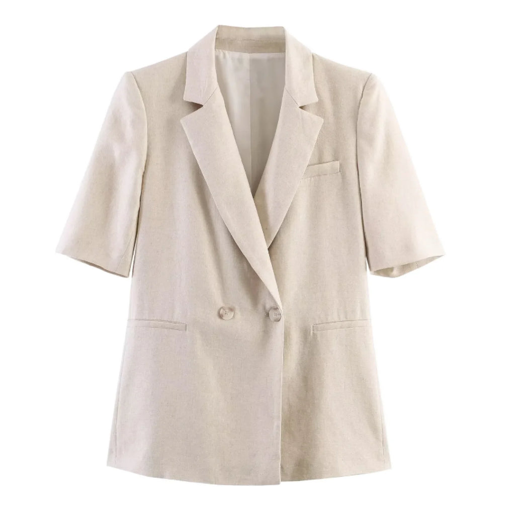 Women's Two Piece Suit Summer 2026 Double Breasted Short Sleeve Blazer High Waist Wide Leg Trousers Female Commute Office Set
