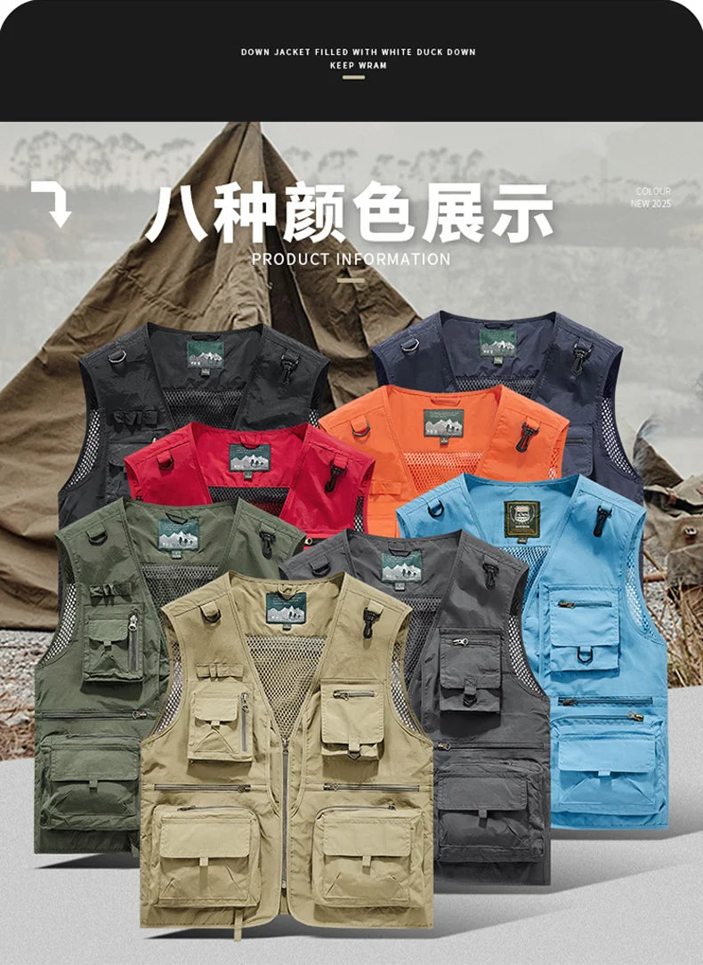 Mesh Men's Fishing Vest Multi Zip Pocket Hiking Waistcoat Male Light Thin Outdoor Sleeveless Jacket Work Summer Travel Plus Size