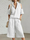 2026 New Summer Women's Clothing Two-piece Set Fashion Pockets Short-sleeved Shorts Shirt Loose Pants Casual 2-piece Set Women