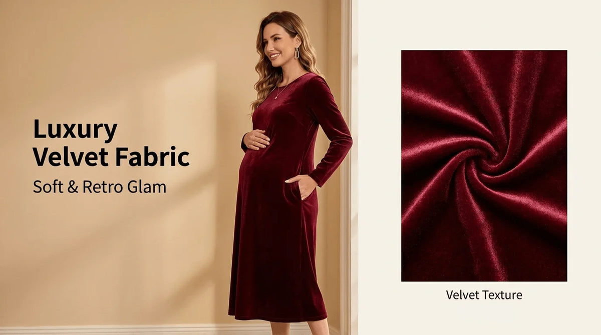 Maternity Autumn Winter Golden Velvet Pocket Long Sleeve Dress Formal Party Gala Long Dress Burgundy Maternity