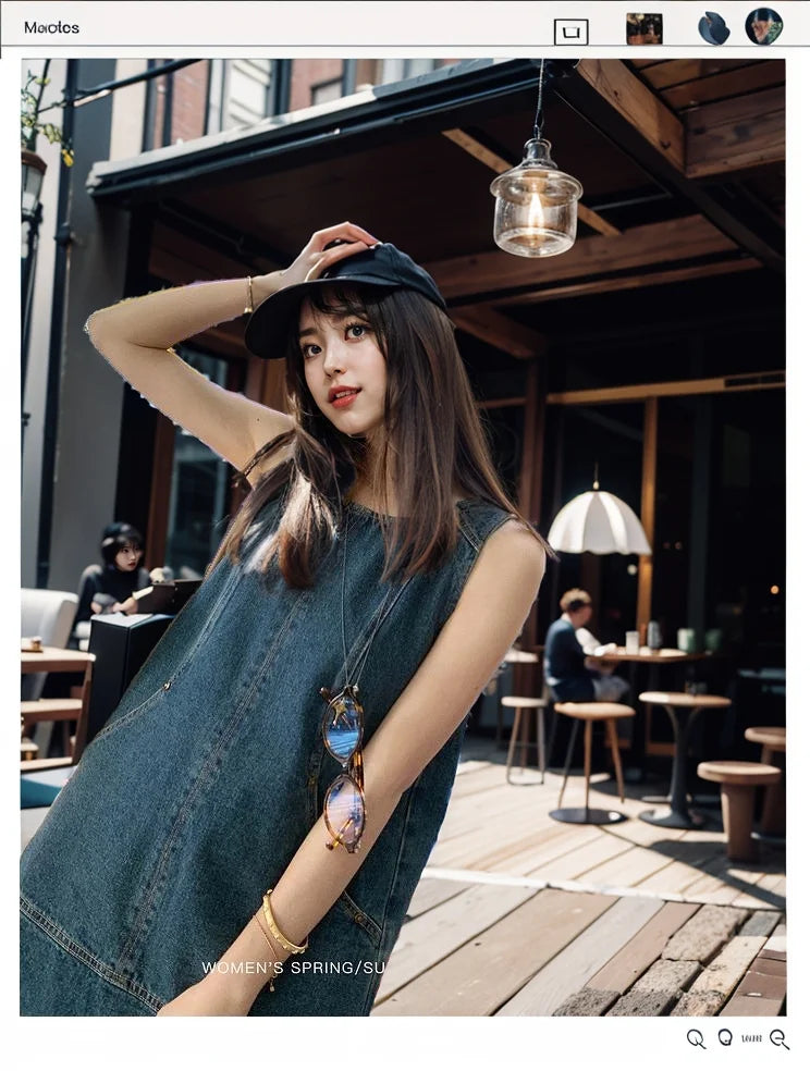 Retro Vest Denim Dress 2025 Summer Fashion Temperament Stitching A Word Street Style Women's Short Skirt