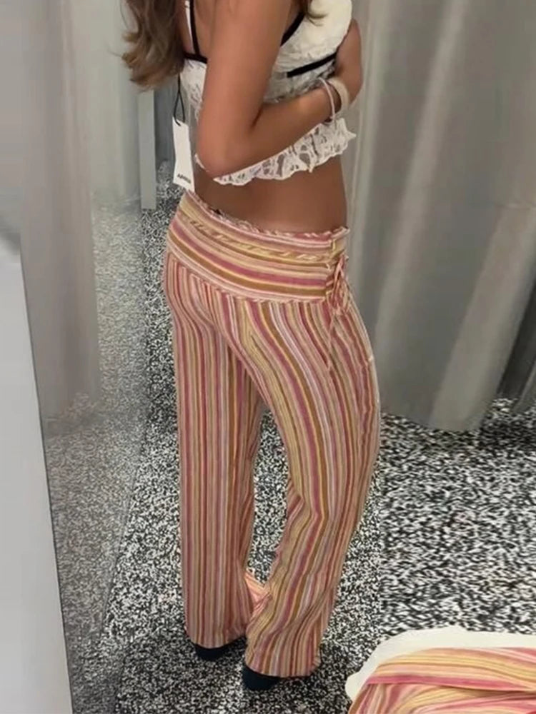 Colorful Striped Wide Leg Trousers Women Bohemian High Waist Multi-color Panelled Slim Straight Pants Fashion Lady Beachwear New