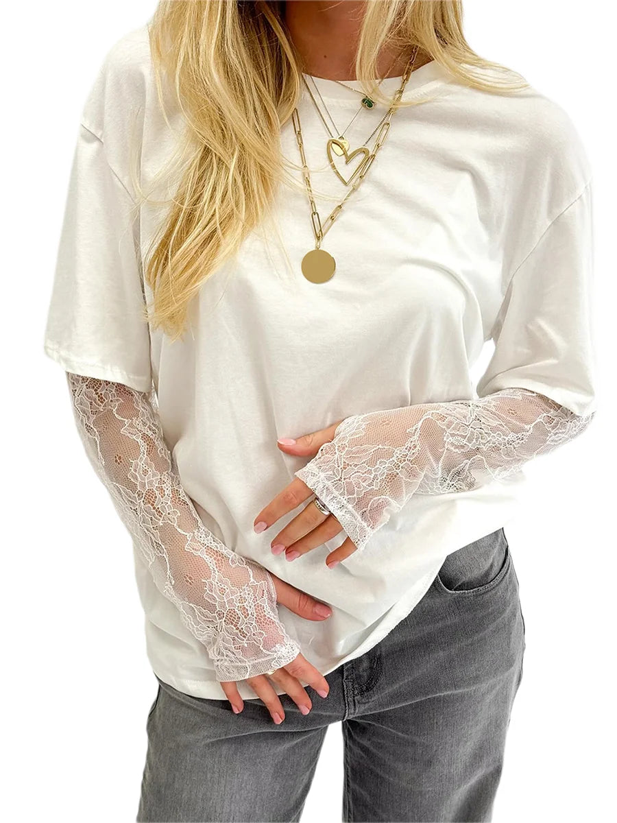 Women Round Neck T-Shirt Lace Long Sleeve Casual Shirts Spring Fall Loose Fit Tops Ladies Solid Color Tee for Streetwear Y2K 00s