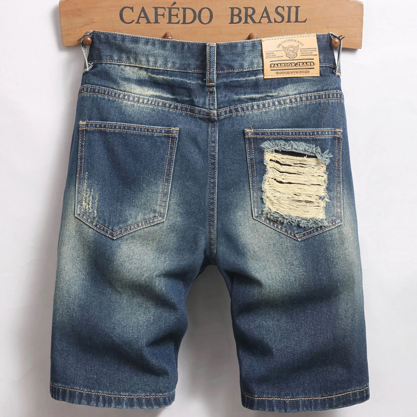 Men's Casual Spring/Summer Denim Shorts - Distressed Denim Shorts with Frayed Edges and Patchwork Details, Fashionable Street-St