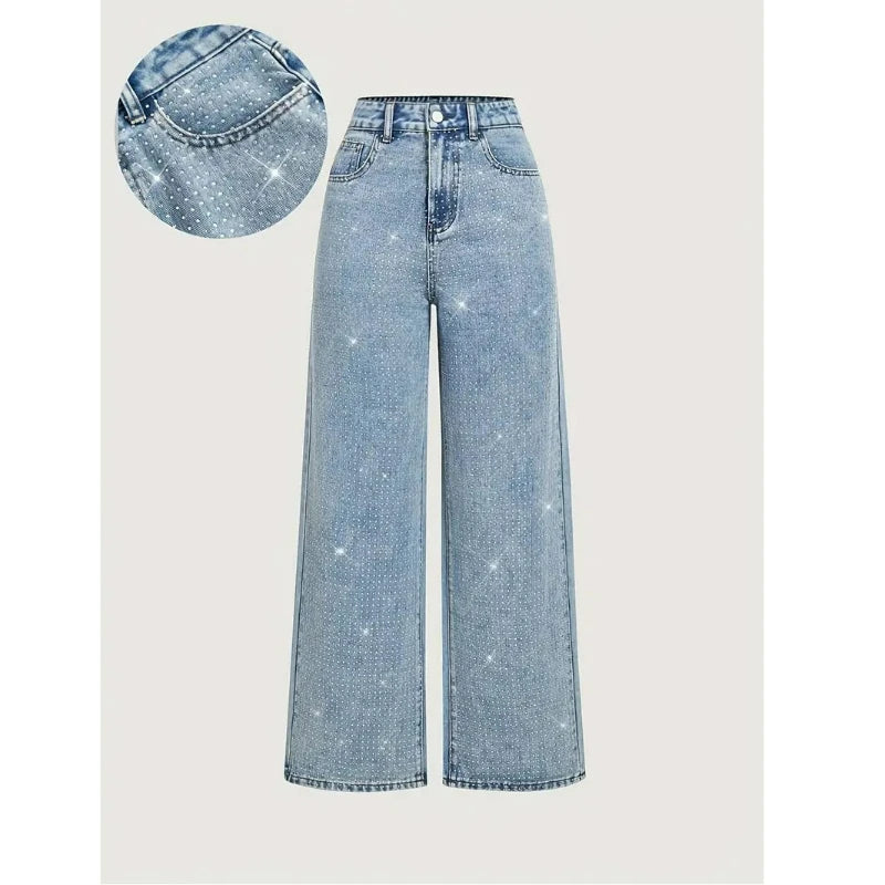 Women Diamonds Spliced Jeans Elegant Casual Midi Waist Denim Pants Solid Pockets Button Pant Washed Slight Strech Autumn Winter