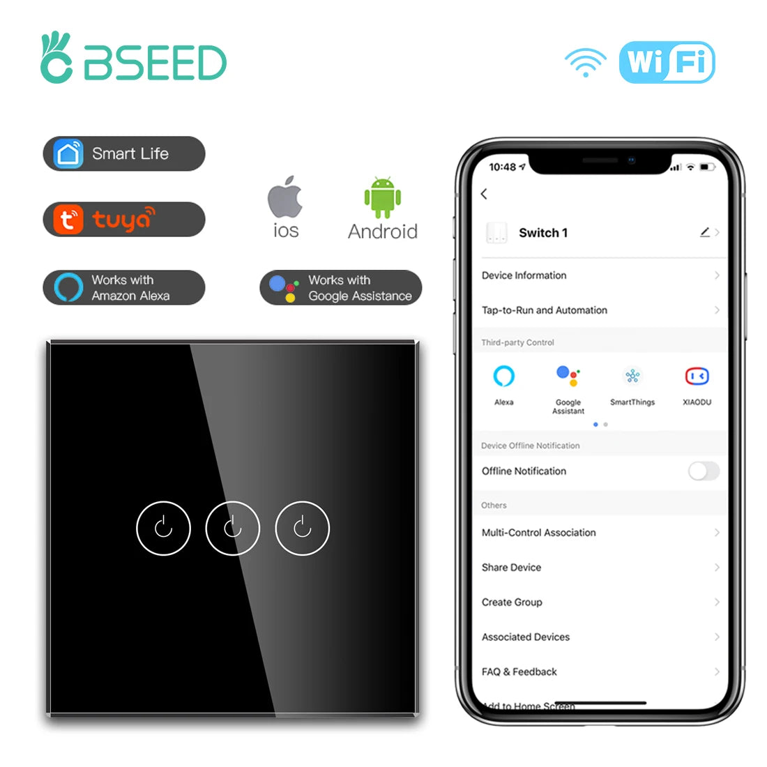 BSEED WIFI Touch Switches 1/2/3/4Gang Smart Light Switches Wall Stair Switches Tuya Control Smart Life APP Multi-Control Neutral