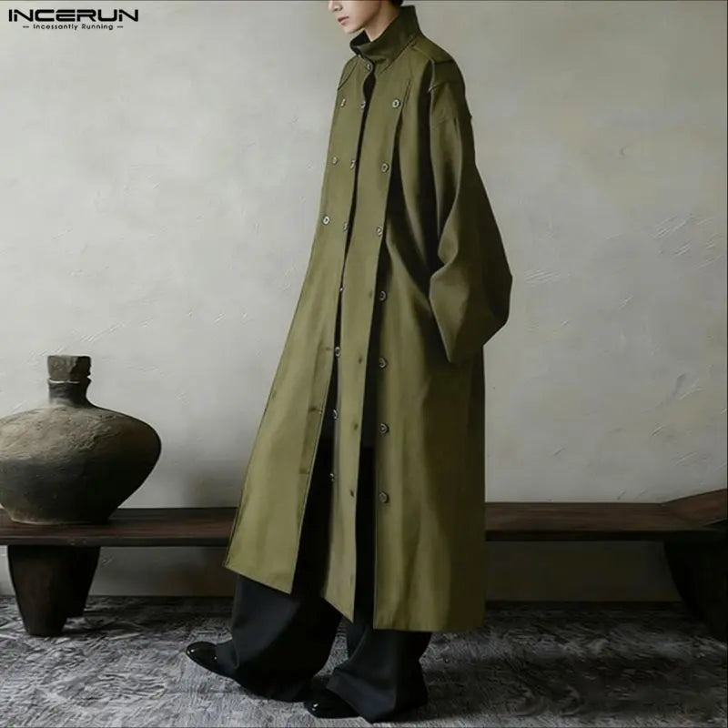 INCERUN Men Long Style Shirt Solid Stand Collar Long Sleeve Male Tops Camisas Streetwear Triple Breasted Fashion Men Clothing