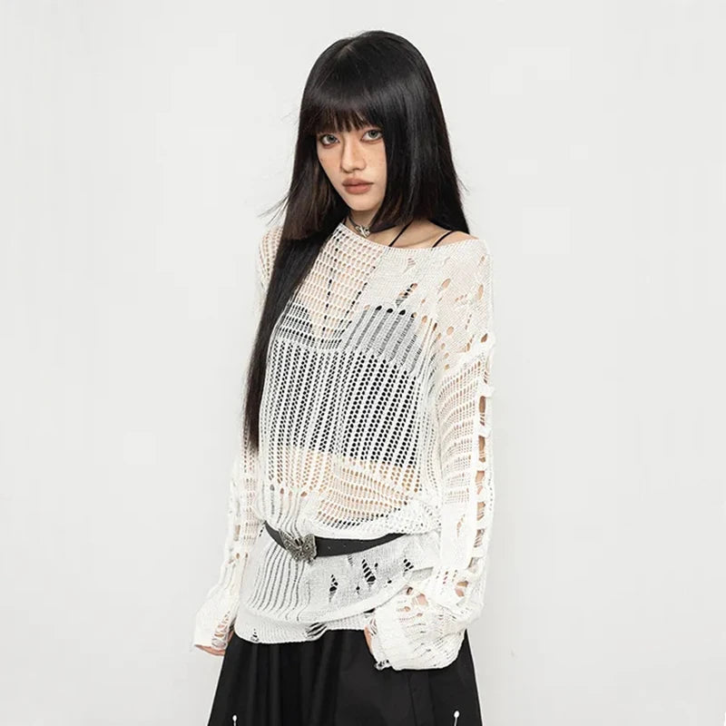 Y2K Hollow Out Knitted Pullovers Women Korean Harajuku Oversized Sweater Summer Sexy Slash Collar Long Sleeve Sunscreen Jumper