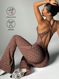 Women Leopard Print Cross Back Flared Jumpsuit Seamless Butt Lifting Yoga Bodysuit High Elastic Workout Fitness Sports Jumpsuit