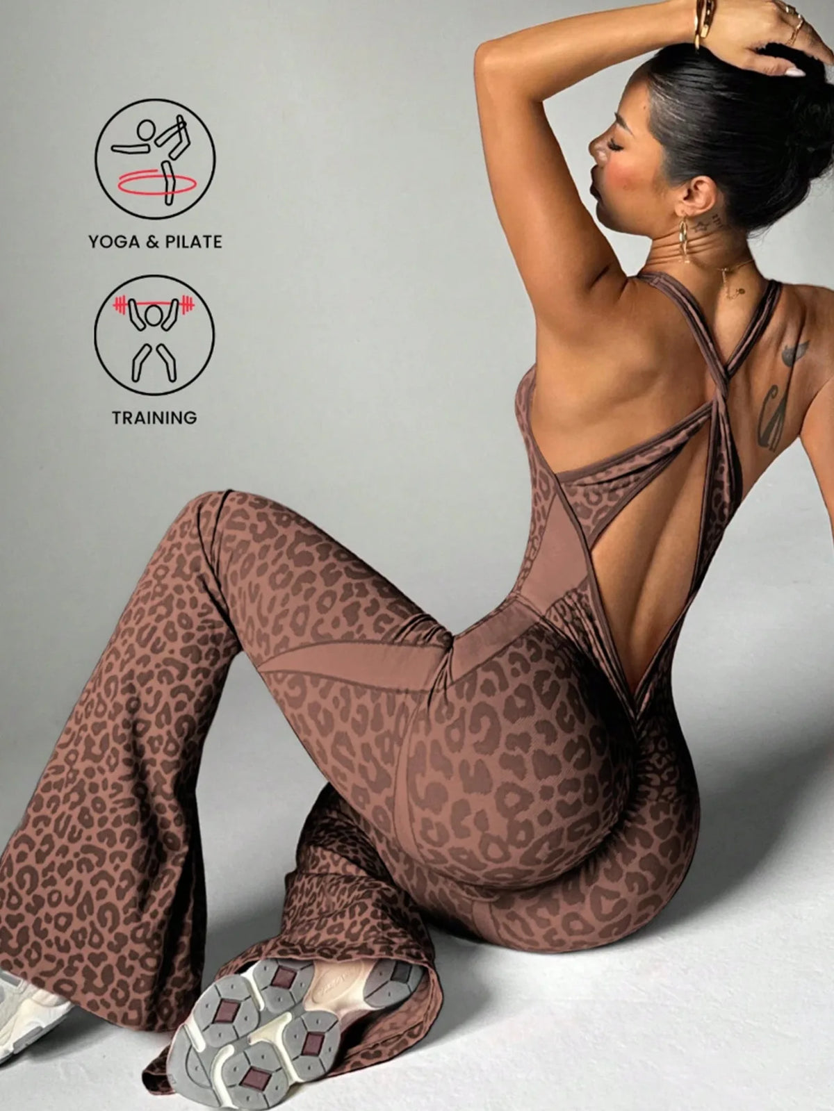 Women Leopard Print Cross Back Flared Jumpsuit Seamless Butt Lifting Yoga Bodysuit High Elastic Workout Fitness Sports Jumpsuit