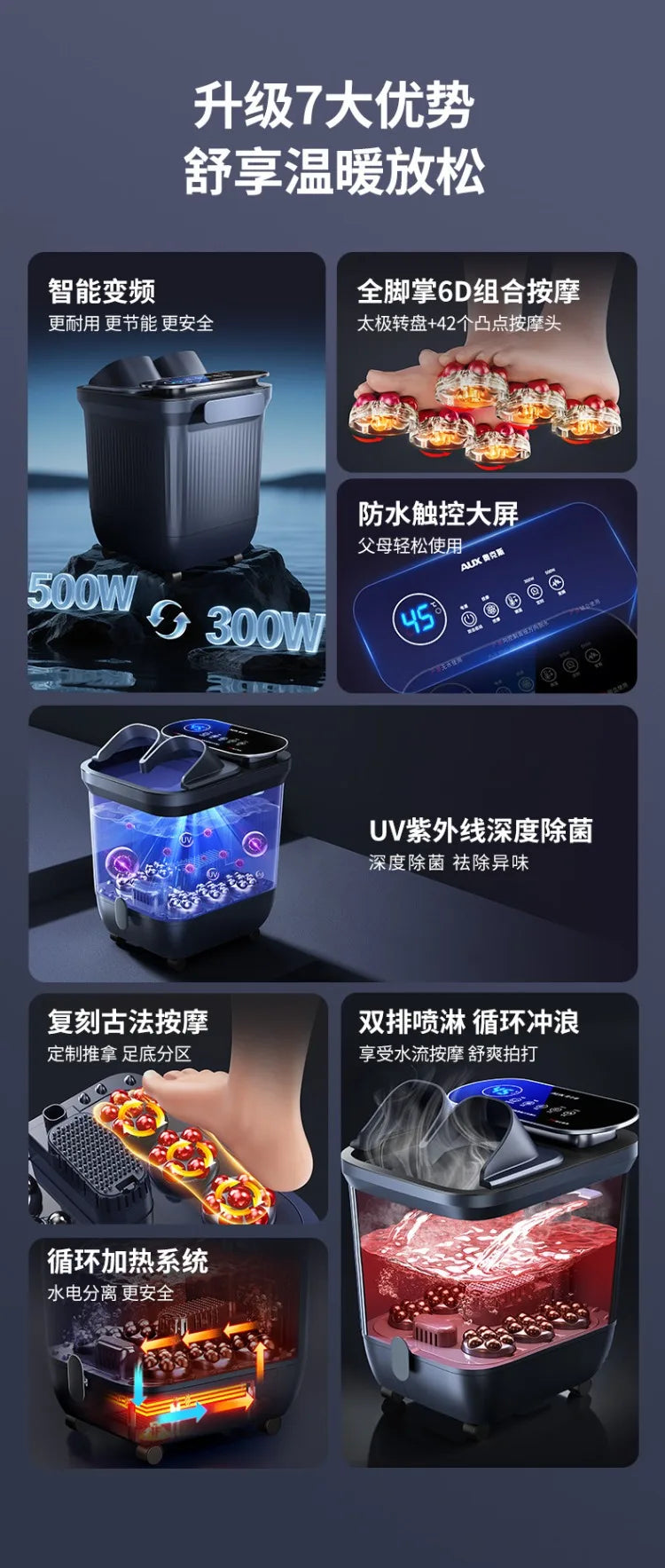 220V AUX Electric Foot Spa Bath Massager with Heating and Constant Temperature Automatic Home Use Deep Bucket WDC