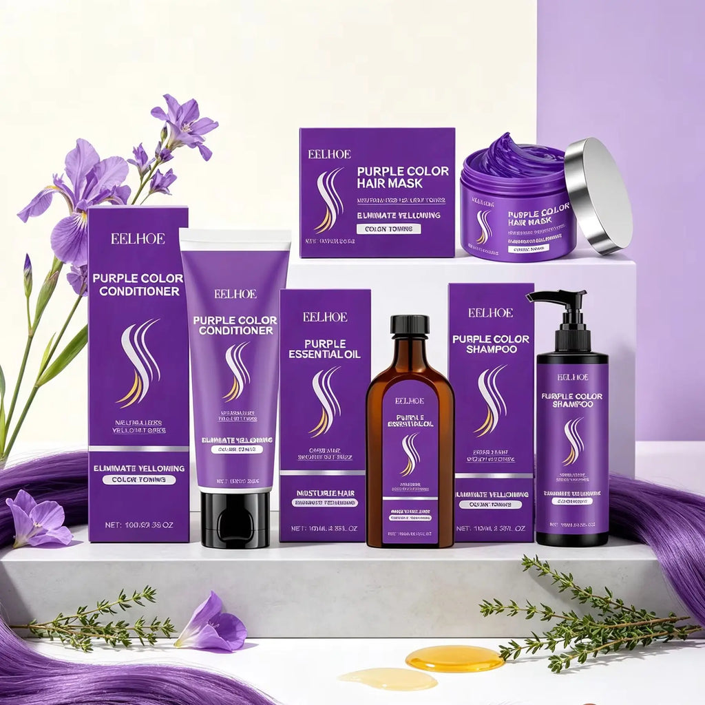 Purple Shampoo for Blonde Hair Eliminate Yellowing Bleached Silver Anti-Fading Purple Hair Mask Conditioner Essential Oil Set