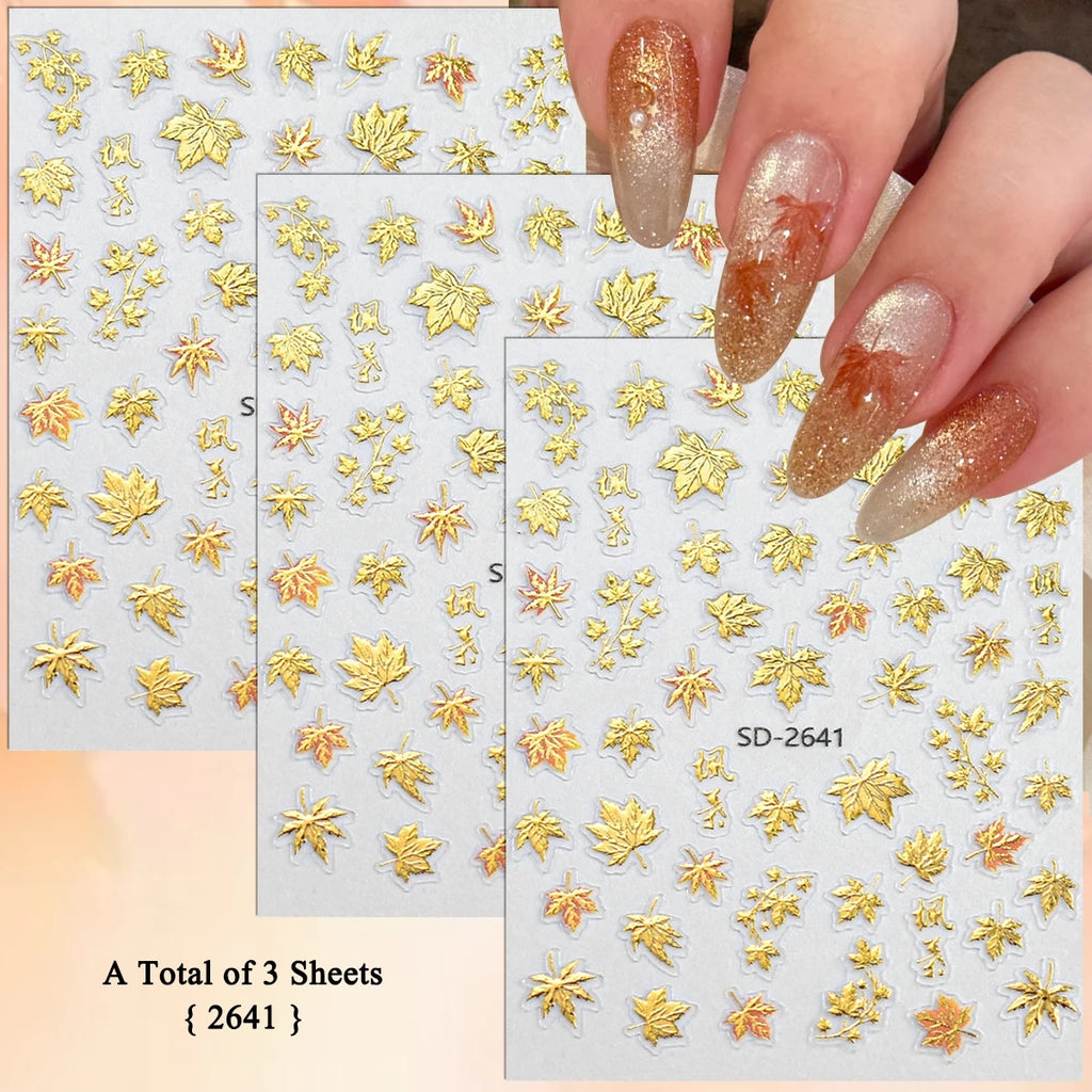 3 to 30 Sheets Autumn Maple Leaves Nail Stickers 5D Embossed Gold Foil Fall Leaf for Nails, Self-Adhesive DIY Manicure Art