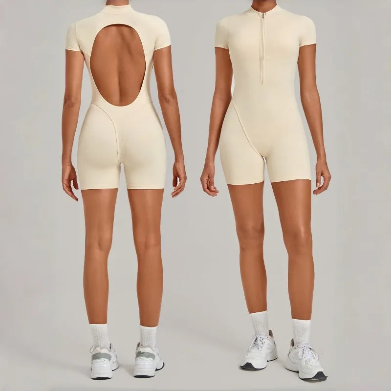 Women's Seamless Yoga Jumpsuits Sports Fitness Hip-lifting Short-sleeved Backless Training Workout Gym Shorts One-piece