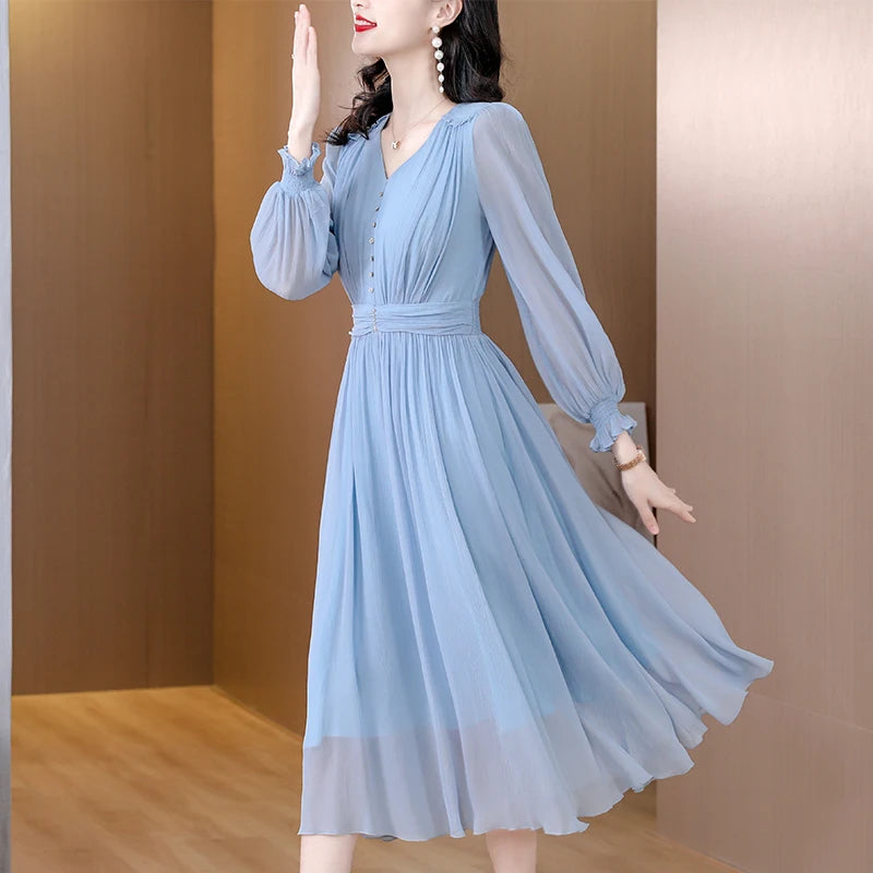 Blue Silk Long-Sleeved Dress For Spring Women's 2023 New High-Mulberry Silk Mesh Stitching Shows Thin And Long Skirt
