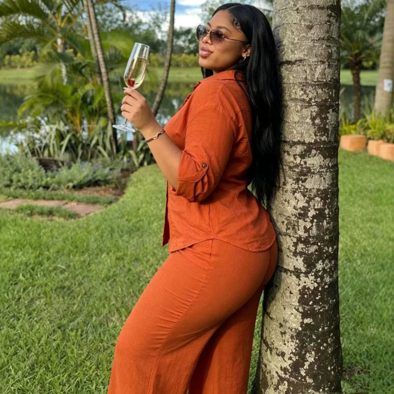 Elegant Chic Casual African Fahsion Women Two Piece Set Solid Color Single Breasted Shirt And Pants Set Outfits