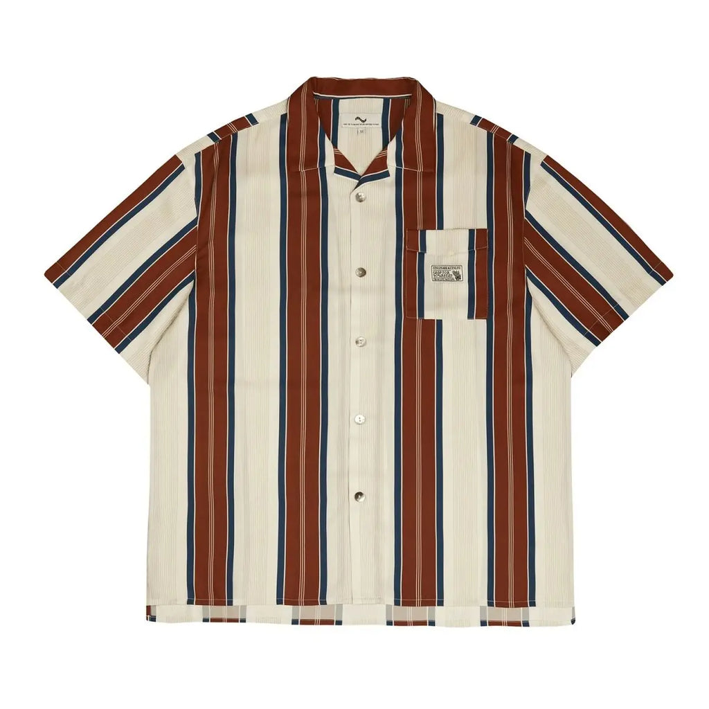 Summer New Turn-down Collar Fashion Short Sleeve Shirt Man High Street Casual Button Cardigan Striped Pockets Patchwork Tops