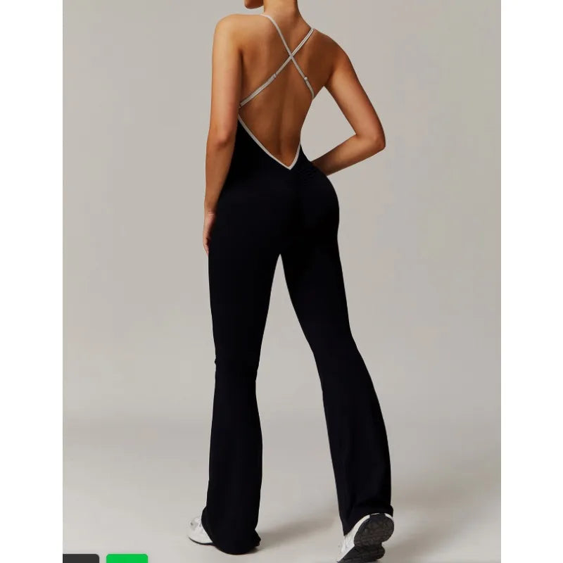 Summer V Back One-piece Suit Women Sports Jumpsuit  Yoga Rompers Backless Sportswear Women Sleeveles Workout Bodysuits