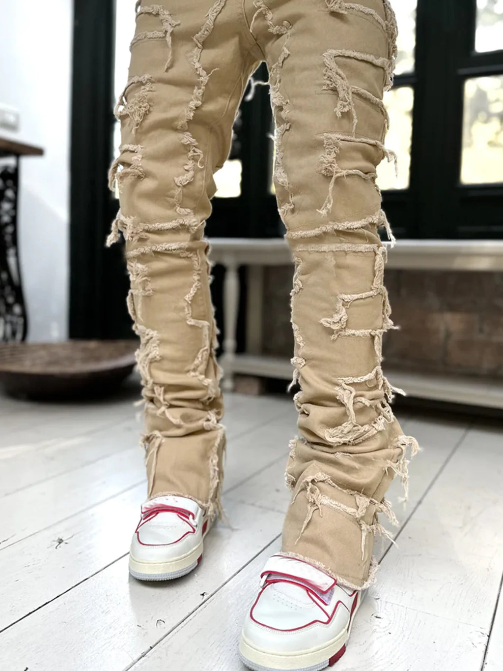 2026 New Men's Denim Straight-Leg Pants, European and American Street Fashion Ins Stretch Patch Denim Straight-Leg Pants