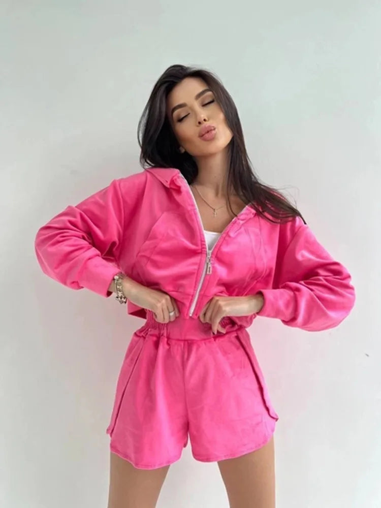 2025 Casual Women's Wear, Zipper Cardigan Long Sleeve Drawstring and Shorts Set, Hoodie Fashion Split Shorts Two-Piece Set