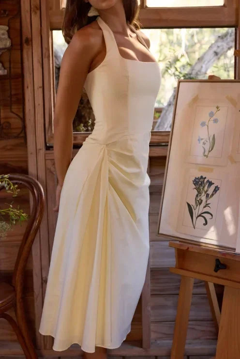 Chic Women White Ruched Waist Maxi Dress Sexy Sleeveless Halter Neck A Line Vestidos Elegant Daily New Party Street Summer Gowns