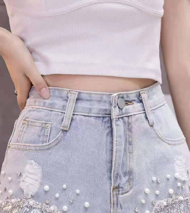 2026 Stylish High Waist Denim Shorts Women's Crystal Studded Fringe Detailed Craftsmanship Summer Fashion Shorts