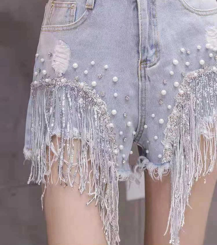 2026 Stylish High Waist Denim Shorts Women's Crystal Studded Fringe Detailed Craftsmanship Summer Fashion Shorts