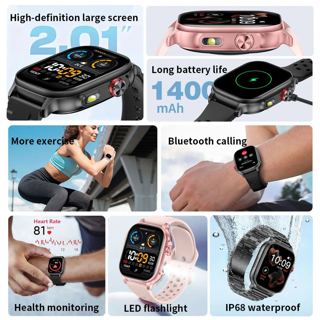 New1400mAh Military Grade Smart Watch 600 hours Battery Life 5ATM Waterproof BT Call Alert LED Flashlight 100+Sports Watches Men