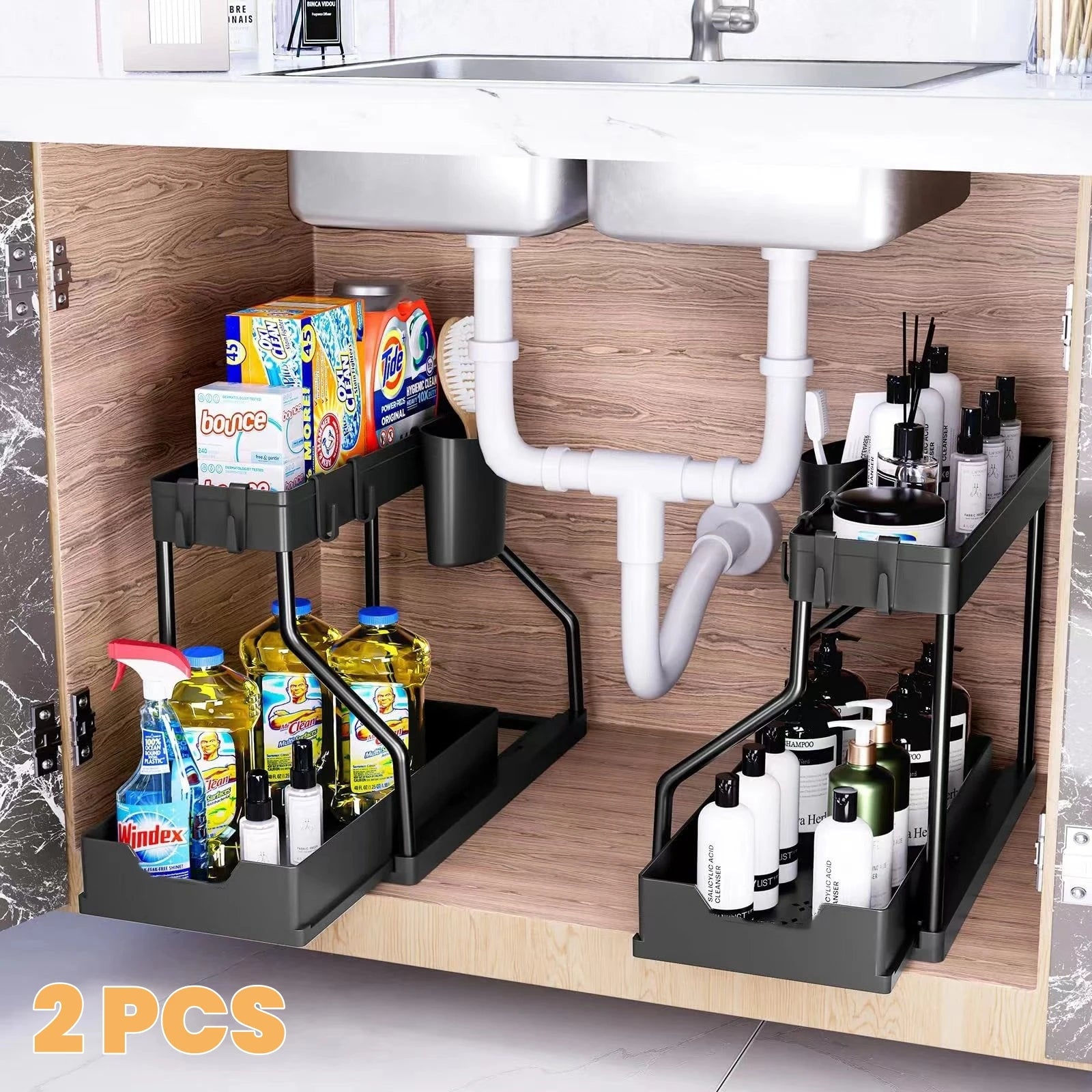 Space-Saving Organizer Shelf 2-Tier Pull-Out Storage Organizer Durable Large Capacity Drawer for Kitchen and Bathroom Essentials