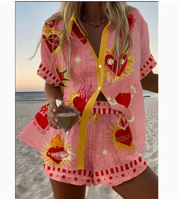 Fashion Print Beach Holiday 2 Piece Set Women Summer Short Sleeve Shirt Top Wide Legs Shorts Women's Oversize Two Piece Outfit
