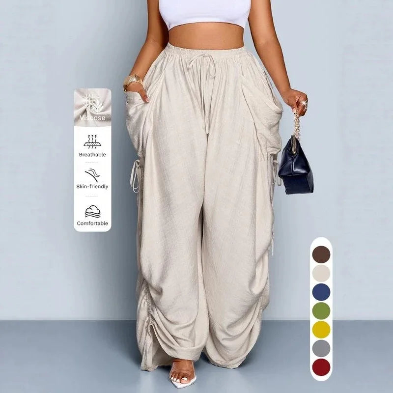 Loose Wide Leg Pants Drawstring Elastic Waist Pure Color Casual Trousers Women's High Waist Straight Cut Summer Fashion
