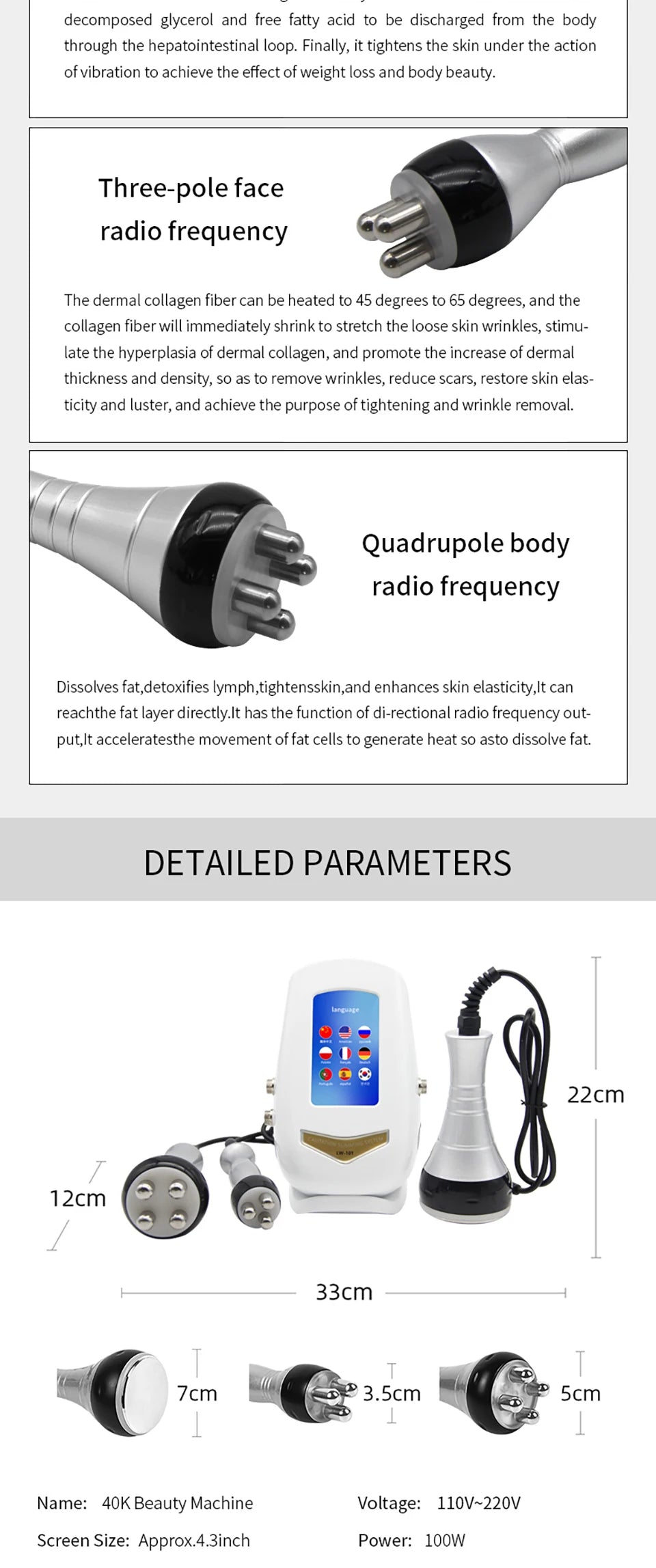 3in1 40K Cavitation RF Ultrasonic Body Slimming Machine  Beauty Device Facial Massager Care Tool Skin Tighten Face Lifting Skin