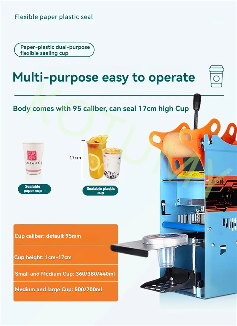 Manual Tea Cup Sealer Machine 300 Cup/h Blue Manual Boba Tea Sealer Machine 95mm Cup Diameter Cup Sealing Machine