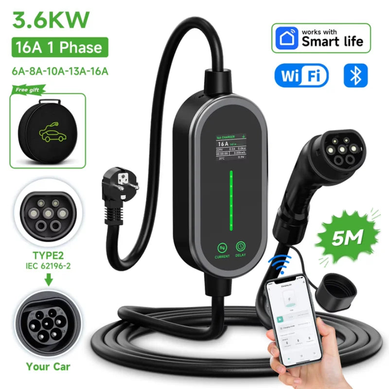 AFEEV Electric Car Charger Type2 Portable Charger 3.5KW 16A Type 1 EVSE EV Charger GBT Wallbox WiFi APP Bluetooth Control