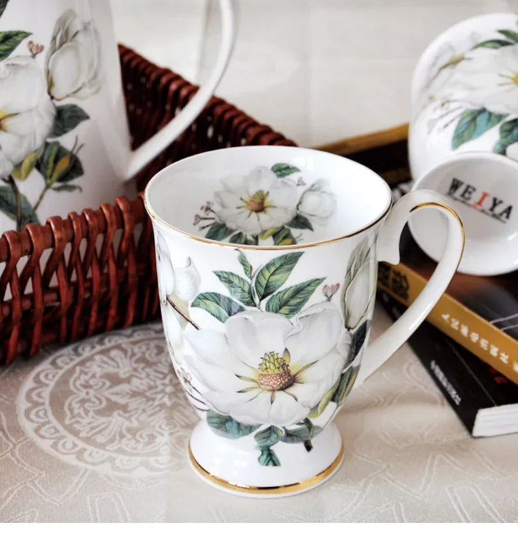 Classical Retro Bone China Mugs Large Capacity Ceramics Breakfast Milk Coffee Mug Pastoral Flower Tea Cup Home Office Drinkware