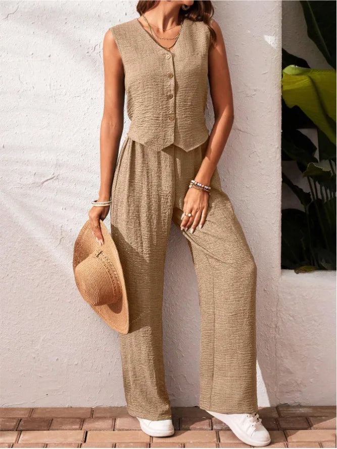 Two-piece Ladies Set 2026 Summer New Versatile Sleeveless V Neck Vest Tops Suits Fashion Casual Loose Tops Wide Leg Pants Sets