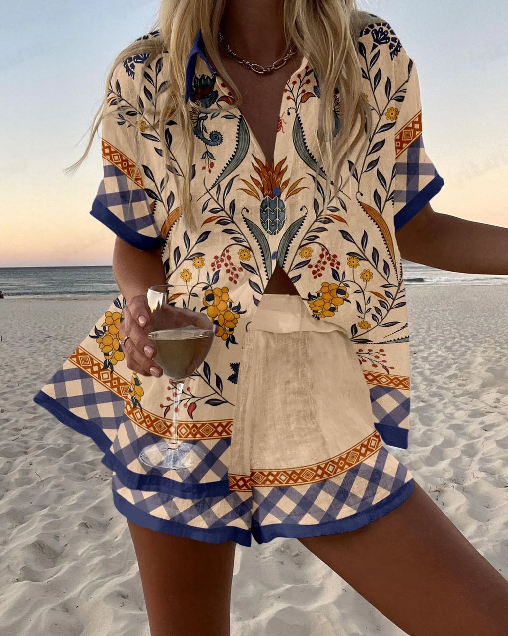 Summer Women's Print Beach Holiday Two-Piece Set Fashion Short Sleeve Buttoned Shirt with Wide Leg Shorts Casual Outfit