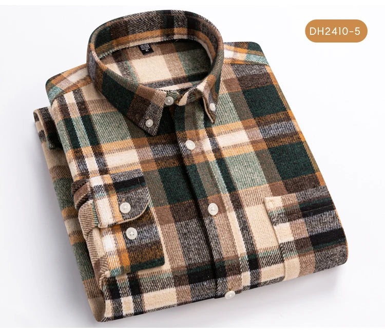 Men's Long Sleeve Flannel Plaid Shirt - Soft Pure Cotton, Button Down Shirts Thick Autumn Winter - Weekend Casual, Going Out