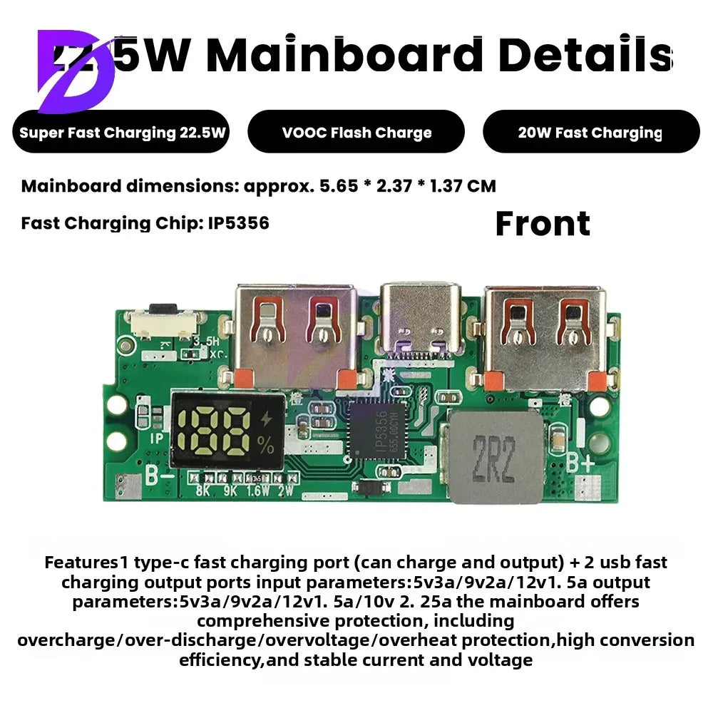 22.5W Fast Charging Motherboard Power Bank DIY Kit 1260110 Battery Box Power Bank DIY Kit 20000mAh Power Bank Case