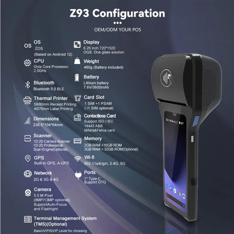 Z93 Handheld 6.26-inch Touch Screen Android 14.0 POS Terminal Cash Register With 4G NFC Camera Scanner 58/80mm Thermal Printer