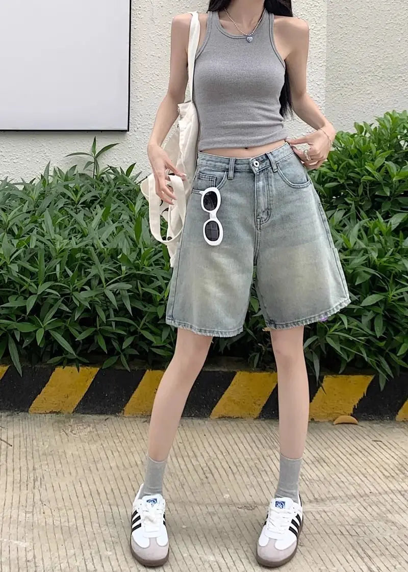 Denim Shorts Vintage High Waist Loose Fit Distressed Design Ins Style Sweet Spicy Girls All-match Casual Summer Streetwear Y2k