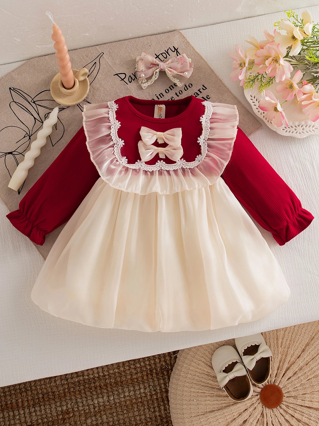 Baby Girl Clothes Spring And Autumn Bow Solid Color Doll Collar Long-Sleeved Baby Girl Dress Cute Casual Girls Dress