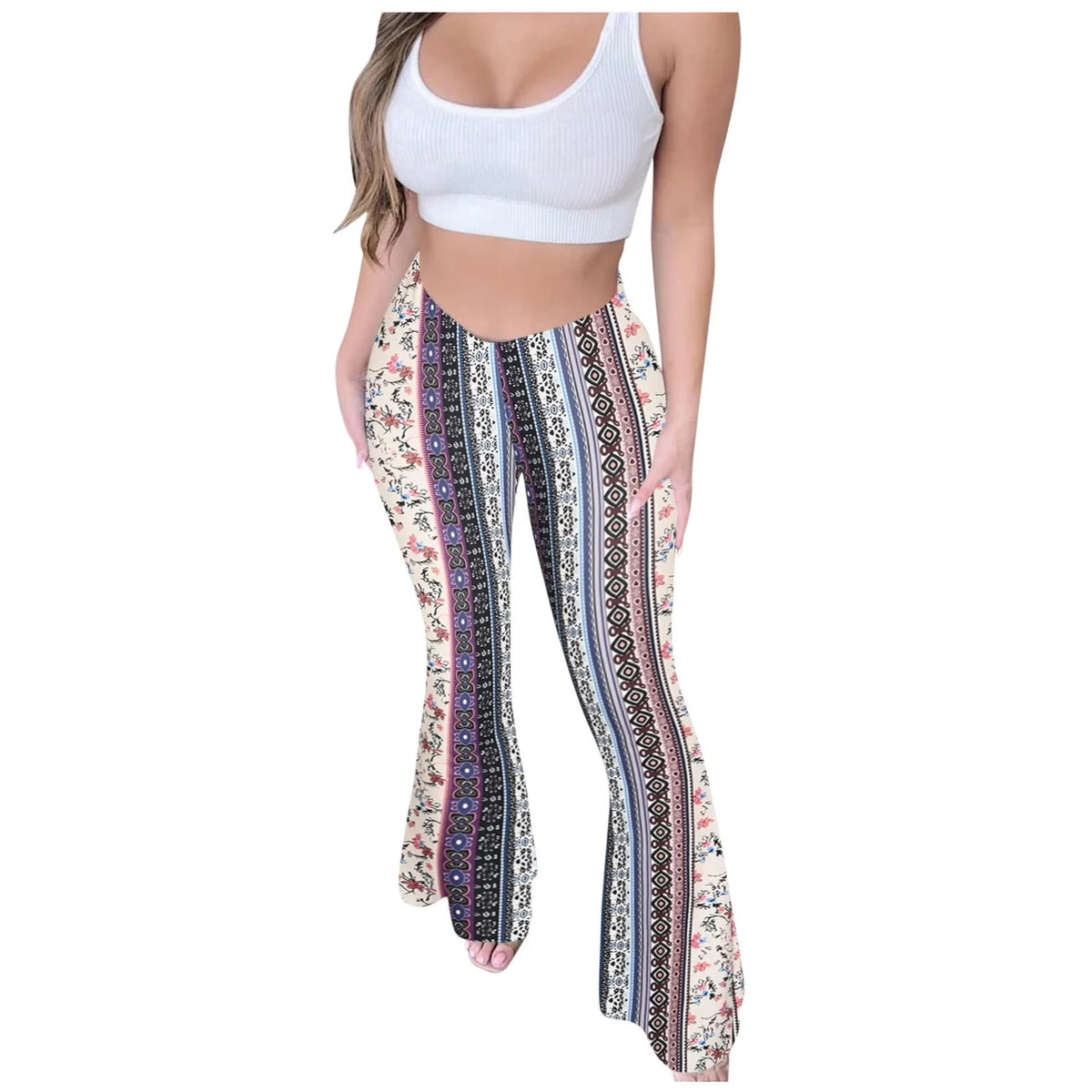 Bohemian Flare Pants for Women High Waisted Stretchy Bell Bottoms Y2K Hippie Style Trousers for Beach Vacation Leggings 2026