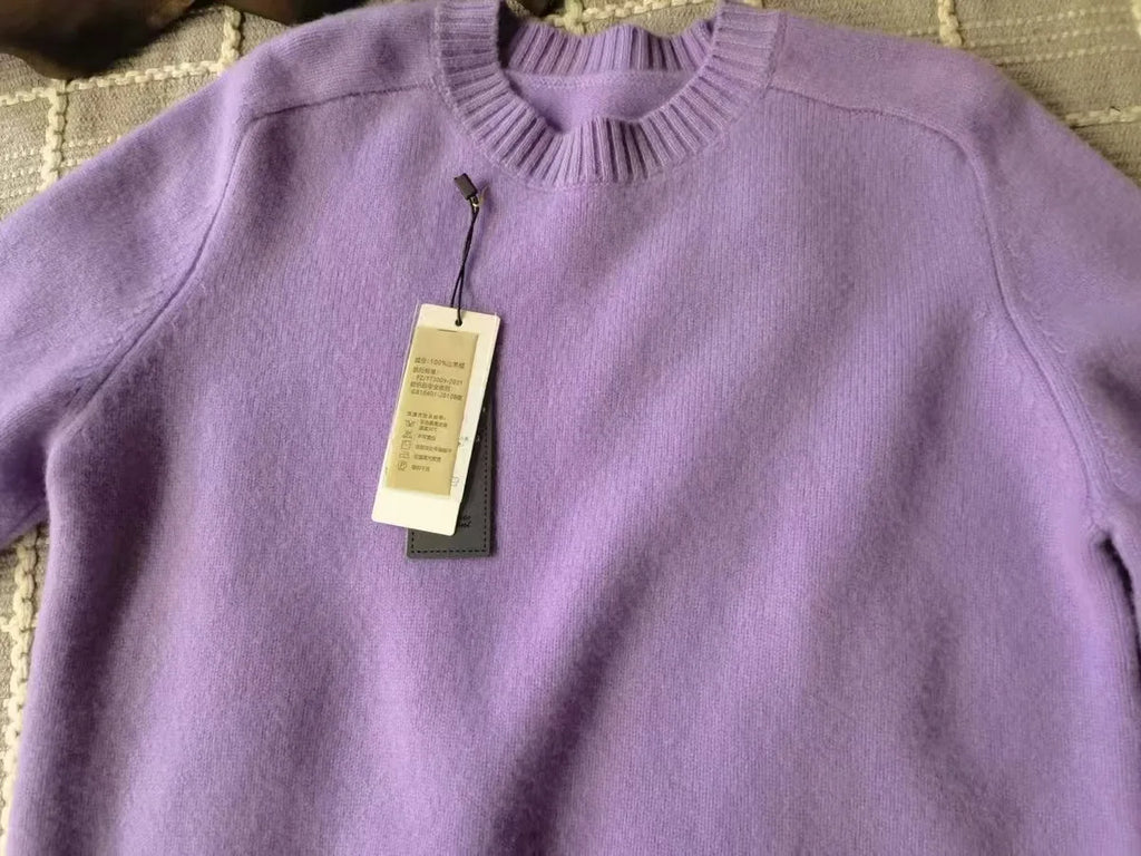 Purple O-Neck Long Sleeved Knitted Sweater Tops Casual Fashion New Knitwear Pullover Fall Winter Loose Soft Korean Jumpers