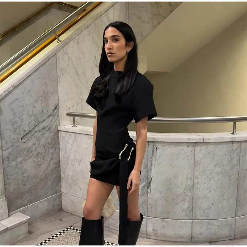 Elegant Mini Dress Woman Ribbons Slim O-neck Short Sleeve Above Knee Dresses Female Spring Summer Party Robe Lady High Street