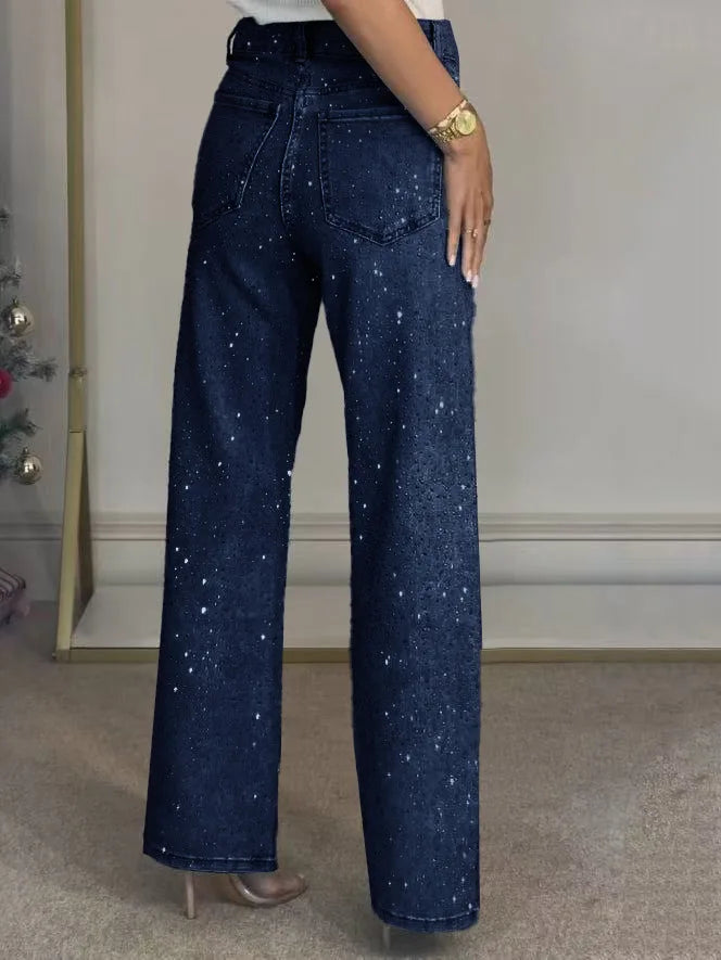 Shiny Rhinestone Jeans Pants Sexy Women High Waist Elegant Night Club Diamonds Denim Straight Trousers